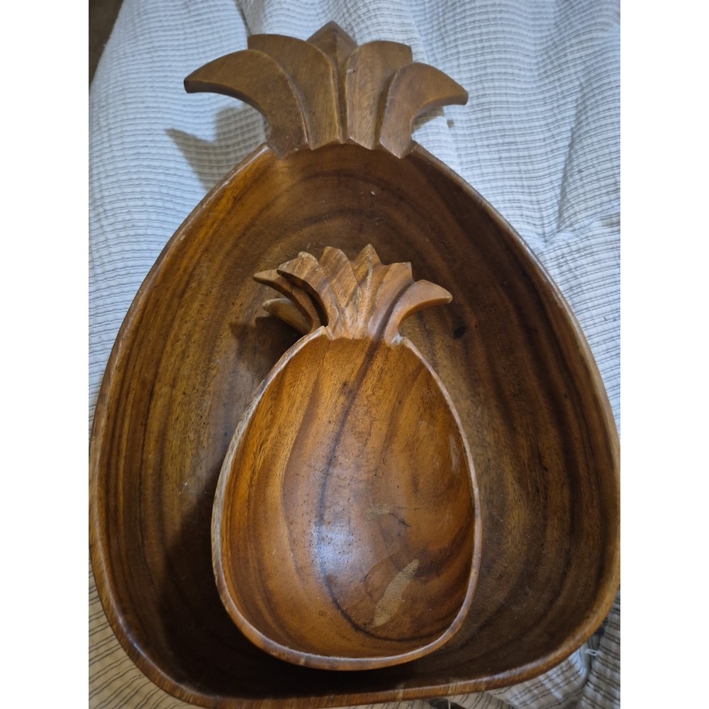 Vintage Teak Pineapple Salad Bowl Set Mid Century Modern Monkey Pod Hand‎ Carved